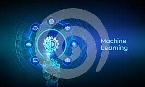 Machine learning. AI Artificial Intelligence. Deep learning. Data mining, Big Data, algorithm, neural network concept on virtual