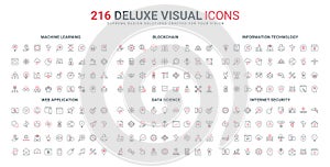 Machine learning and AI technology, data science and crypto market line icons set