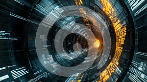 Machine Learning AI Training Tunnel Code Algorithm Abstract Background Visualization. Deep learning digital data processing.