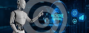 Machine learning artificial intelligence AI concept. Robot pressing button on screen 3d render