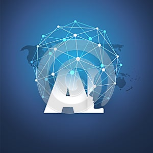 Machine Learning, Artificial Intelligence, Cloud Computing and Networks Design Concept with Geometric Network Mesh