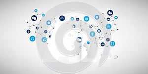 Machine Learning, Artificial Intelligence, Cloud Computing and Networks Design Concept with World Map, Network Mesh