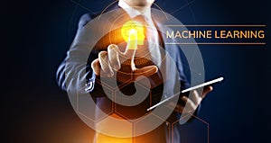 Machine learning artificial intelligence concept. Businessman pressing virtual button.