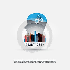 Machine Learning, Artificial Intelligence Controlled Smart City, Home Automation Design Concept with Cityscape and Human Head