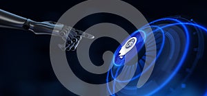 Machine learning artificial intelligence neural network. Robot hand Pressing button 3d render
