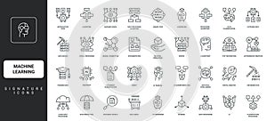 Machine learning, automatic data classification and mining, AI assistant line icon set