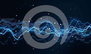 Machine learning concept with blue glowing data waves and abstract programming code on dark backdrop