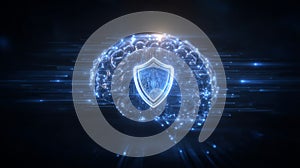 machine learning context digital brain protected by floating shield icons and stream of secured protocols