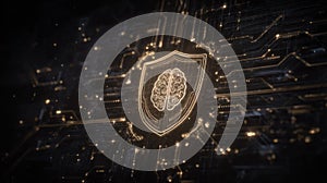 machine learning context digital brain protected by floating shield icons and stream of secured protocols