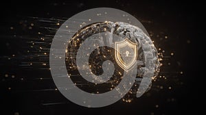 machine learning context digital brain protected by floating shield icons and stream of secured protocols