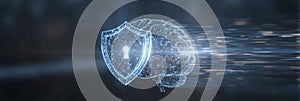 machine learning context digital brain protected by floating shield icons and stream of secured protocols