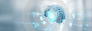 machine learning context digital brain protected by floating shield icons and stream of secured protocols