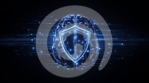 machine learning context digital brain protected by floating shield icons and stream of secured protocols