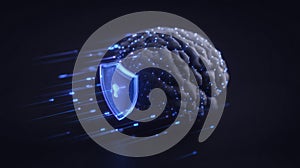 machine learning context digital brain protected by floating shield icons and stream of secured protocols