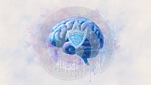 machine learning context digital brain protected by floating shield icons and stream of secured protocols