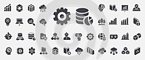 machine learning data analysis artificial intelligence set glyph icons, exploration relationships correlations data visualization photo