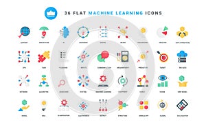 Machine learning, data analysis trendy flat icons set, algorithm, automatic smart process