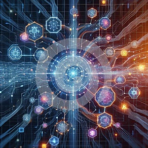 Machine learning data flow. Blockchain grids. Network data nodes