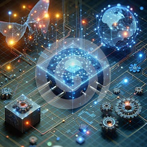 Machine learning data flow. Blockchain grids. Network data nodes
