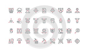 Machine learning, digital algorithm system, data automation, classification line icon set