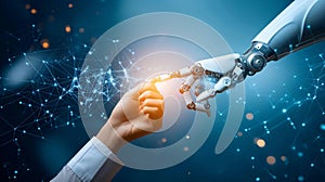 Machine learning, Hand of robot and hand human touching on big data network connection.Generative Ai