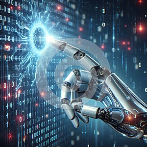 Machine learning. Hand of robot touching on binary data. Futuristic Artificial intelligence AI.