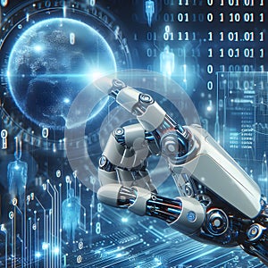 Machine learning. Hand of robot touching on binary data. Futuristic Artificial intelligence AI.