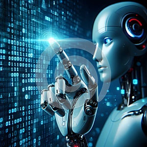Machine learning. Hand of robot touching on binary data. Futuristic Artificial intelligence AI.