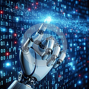 Machine learning. Hand of robot touching on binary data. Futuristic Artificial intelligence AI.