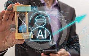 Machine learning. Hand robot touching computer chip and binary data. Futuristic Artificial intelligence (AI