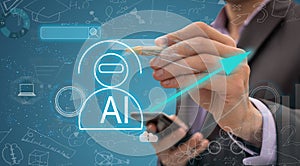 Machine learning. Hand robot touching computer chip and binary data. Futuristic Artificial intelligence & x28;AI