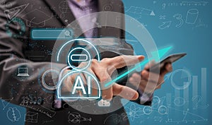 Machine learning. Hand robot touching computer chip and binary data. Futuristic Artificial intelligence & x28;AI