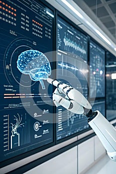 Machine learning. Hand of robots touching on binary data. Futuristic Artificial intelligence AI. Big data visualization. Brain