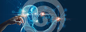 Machine learning. Hand touch a robot on network and binary data. Futuristic Artificial intelligence AI. Deep Learning. Brain