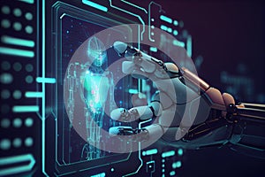 Machine learning. Hand touch a robot on network and binary data.generative ai