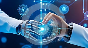 Machine learning, Hands of robot and human touching on big data network connection background, Science and artificial intelligence