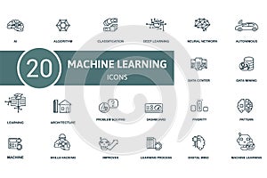 Machine Learning icon set. Contains editable icons theme such as , algorithm, deep learning and more.