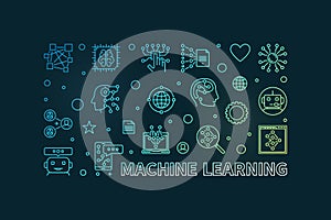 Machine Learning line horizontal creative banner. ML Technology vector illustration