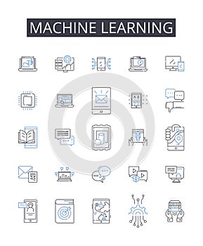 machine learning line icons collection. Artificial Intelligence, Automated Learning, Data Mining, Data Analytics, Deep