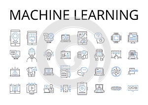machine learning line icons collection. Artificial Intelligence, Automated Learning, Data Mining, Data Analytics, Deep