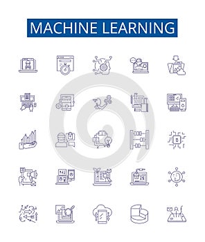 Machine learning line icons signs set. Design collection of Machine, Learning, Artificial, Intelligence, Neural