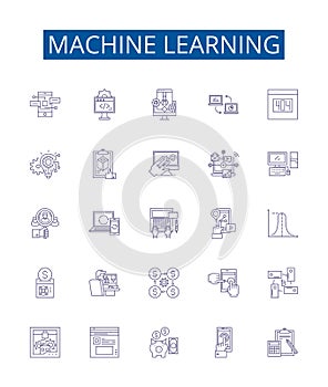 Machine learning line icons signs set. Design collection of Machine, Learning, Artificial, Intelligence, Neural