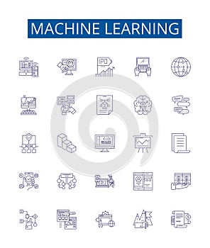 Machine learning line icons signs set. Design collection of Machine, Learning, Artificial, Intelligence, Neural