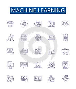 Machine learning line icons signs set. Design collection of Machine, Learning, Artificial, Intelligence, Neural