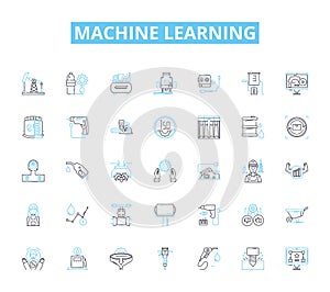 Machine learning linear icons set. Algorithms, Neural nerks, Prediction, Deep learning, Artificial intelligence, Data