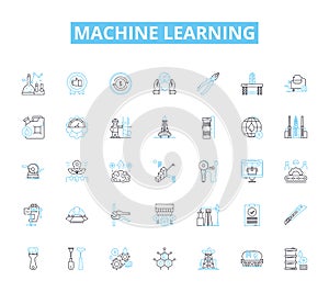 Machine learning linear icons set. Algorithms, Neural nerks, Prediction, Deep learning, Artificial intelligence, Data
