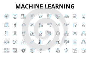 Machine learning linear icons set. Algorithms, Neural nerks, Prediction, Deep learning, Artificial intelligence, Data