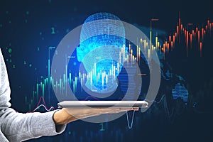 Machine learning, mobile artificial intelligence and global investing concept with robot head with financial chart candlestick on