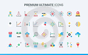 Data report and science model research, deep analysis with AI trendy flat icons set vector illustration.