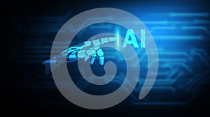 Machine learning. Robot hand touching the screen